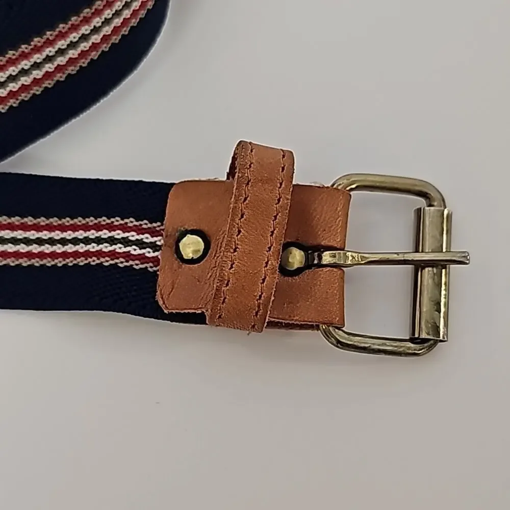 Vintage Striped Canvas Leather Belt Womens Preppy Sporty Collegiate Chic OS EUC